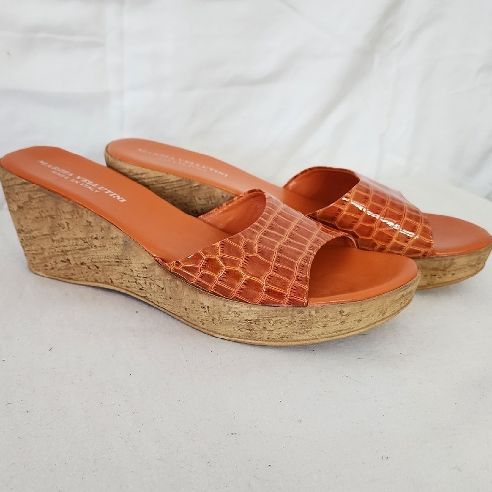 Marzia Vellutini Womens Orange Croc Embossed Cork Wedge Sandals Made in Italy 7